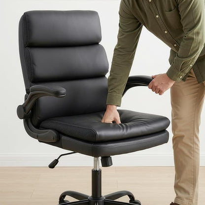 Mid Back Office Desk Chair,Leather Conference Room Chairs,Ergonomic Home Computer Chair,Modern Executive Chair with Padded Flip-up Armrest and Swivel Wheels (Black)