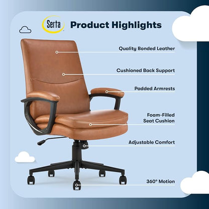 Serta Comfort Modern Executive Office Chair, Ergonomic Mid-Back Computer DeskChair, Semi Plush Cushion Seat, Double-Layer SertaQuality Foam, Padded Armrests, Metal Swivel Base, Bonded Leather, Cognac