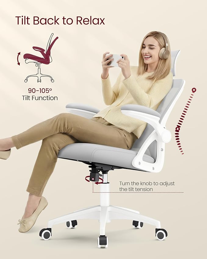 VASAGLE Ergonomic Mesh Office Chairs with Adjustable Lumbar Support and Headrest, 90-105° Tilt Function, Wide Seat, Flip‑Up Armrests, Computer Desk Chairs for Home Office, Set of 2, Dove Gray