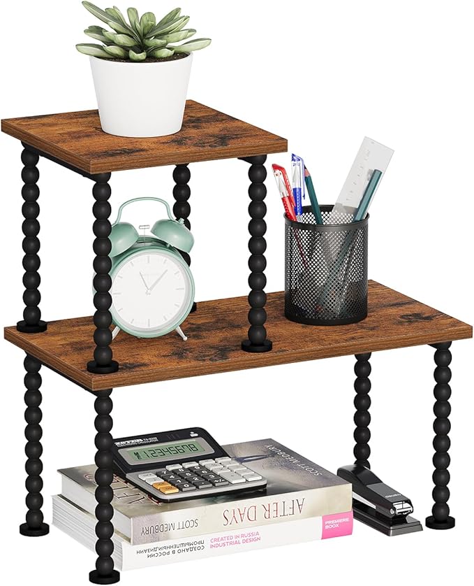 YINMIT Desk Shelf Organizer, 2 Tier Adjustable Desk Shelf for Top of Desk, Wood Freestanding Stackable Desktop Bookshelf Organizer for Office, Home, Kitchen Counter Display Rack, Rustic Brown