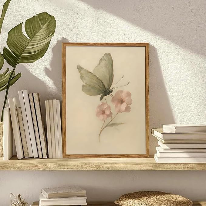Framed Vintage Wall Art, Butterfly and Pink Floral Pictures Wall Decor, Retro Flower Moth Painting Canvas Prints Cottagecore Home Decor Aesthetic for Living Room Bedroom Bathroom 12x16 inch
