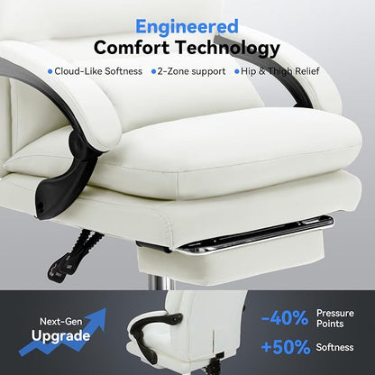 Holiwei Office Chair with Footrest, Big and Tall 400lbs Executive Desk Chair with Thickened Lumbar Support Pillow, High Back PU Leather Reclining Computer Chair, Ergonomic Swivel Task Chair, White