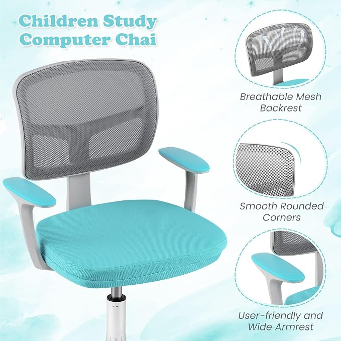 Giantex Kids Desk Chair, Ergonomic Adjustable Teen Task Chair w/Y-Shaped Lumbar Support, Armrest & Universal Wheels, Mesh Kid Office Chair for Sturdy, Kids Computer Chair for Boy Girl 4-12, Turquoise