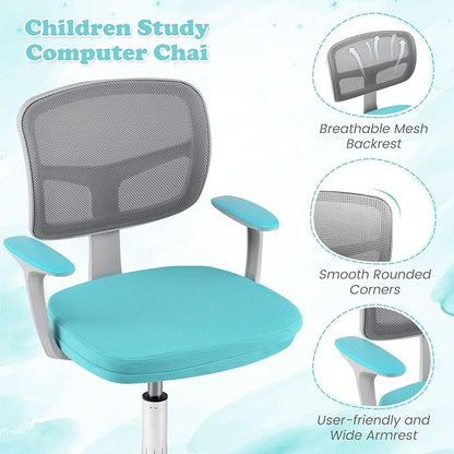 Giantex Kids Desk Chair, Ergonomic Adjustable Teen Task Chair w/Y-Shaped Lumbar Support, Armrest & Universal Wheels, Mesh Kid Office Chair for Sturdy, Kids Computer Chair for Boy Girl 4-12, Turquoise