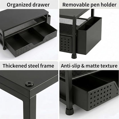 ECOLOVI Desk Organizer and Accessories, 2-Tier Computer Monitor Stand Rise with Storage Drawer & 2 Pen Holders, Laptop & Printer Stand for Desktop, Workspace Organizers for Office Supplies (Black Wood)