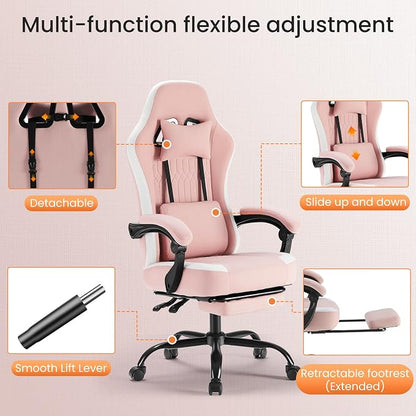 Sweetcrispy Video Gaming Chair: Ergonomic Desk Chair with Footrest and Lumbar Support, Height Adjustable High Back with Linkage Armrests and Headrest, 360° Wheels, Pink