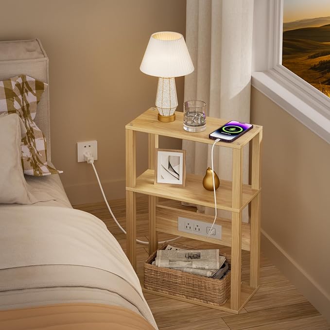 YUFAM Small Narrow Wood Side Table with Charging Station, 3-Tier Slim End Table for Small Space, Skinny Nightstand with Storage for Couch, Thin Bedside Table with USB Ports and Outlets, Natural