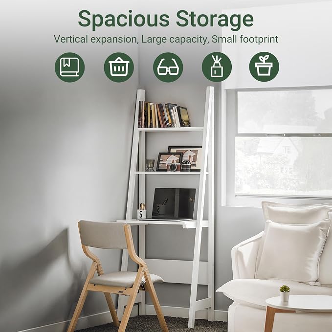 Haotian Ladder Desk with Shelves, Wall Desk for Small Space, Secretary Desk Workstation Dresser Shelf Freestanding Bookshelf, White FRG60-W
