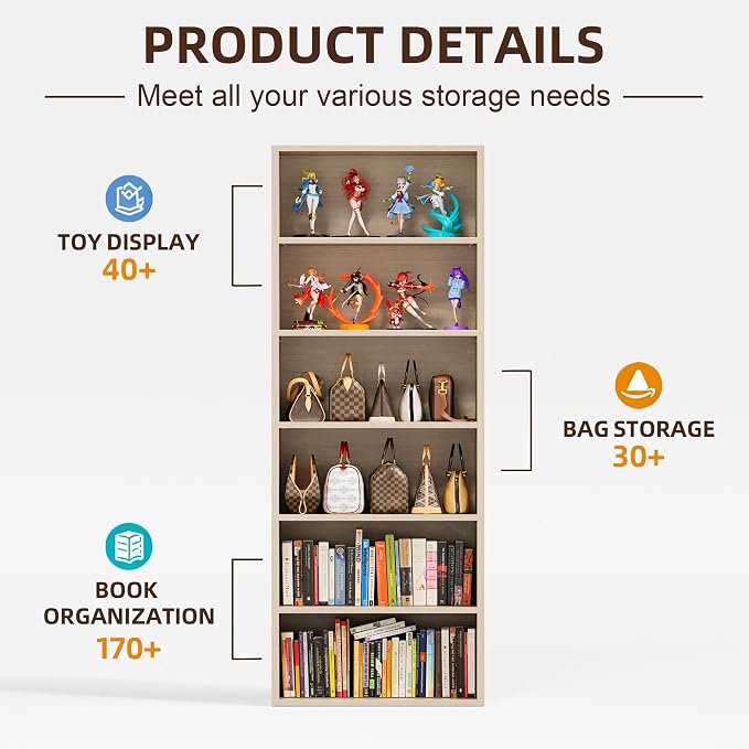 Furniwell 71" Tall Bookcase Bookshelves, 6 Tier Floor Standing Bookcases Open Frame, Modern Display Storage Organizer for Home Office, Living Room, Bedroom, Study Room (Beige, 1 Pcs)