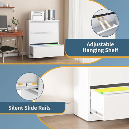 3 Drawer File Cabinet with Lock, Lateral Filing Cabinets,Metal Storage Filing Cabinets for Home Office, Heavy Duty File Cabinet for Letter/Legal/A4/F4 Size Amsseble Required, White