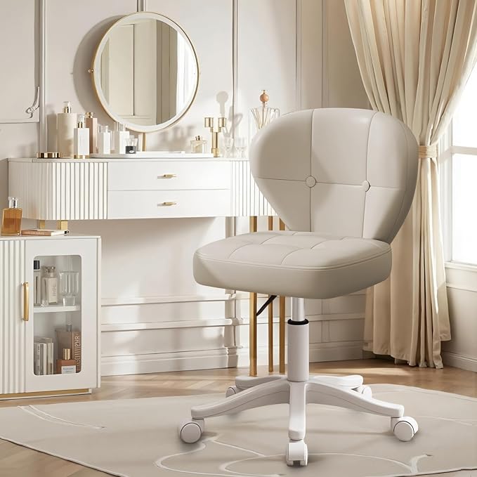 Small Office Chair with Lumbar Support, PU Leather Armless Swivel Desk Chair Adjustable Height, Compact Rolling Chair for Home Office, Bedroom, Study 1White