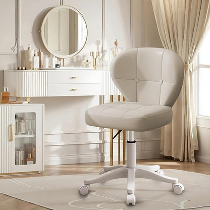 Small Office Chair with Lumbar Support, PU Leather Armless Swivel Desk Chair Adjustable Height, Compact Rolling Chair for Home Office, Bedroom, Study （White Set of 2）