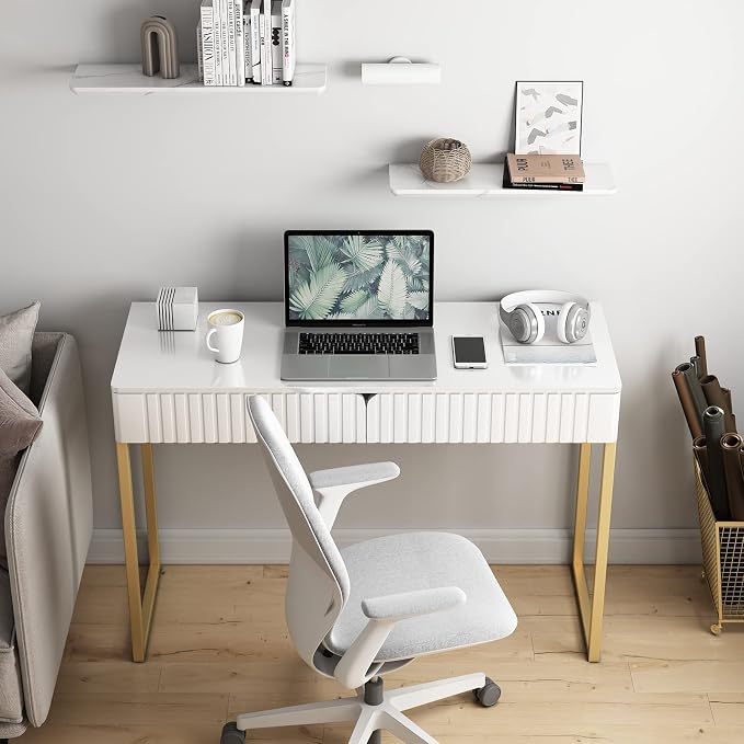 Tamworth Design Elegant Modern Desk, 2 Drawers, Gold Legs, 43.3x15.75 inches, Home Office, Makeup Vanity, Computer, Writing, Study, Entryway, Sofa Table