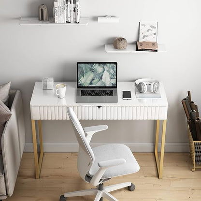 Tamworth Design Elegant Modern Desk, 2 Drawers, Gold Legs, 43.3x15.75 inches, Home Office, Makeup Vanity, Computer, Writing, Study, Entryway, Sofa Table