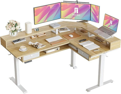 FEZIBO 63"x49" L Shaped Standing Desk with LED Strip & 2 Drawers, Upper and Lower Storage Shelves Available, Electric Height Adjustable, for Gaming, Office, Natural（2 Packages）
