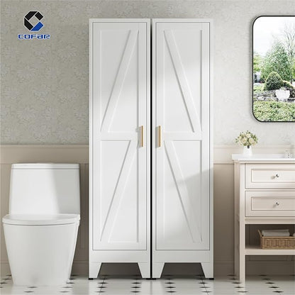 COFaR 67'' Tall Slim Bathroom Storage Cabinet, Metal Narrow Pantry Cabinet with 4 Adjustable Shelves and One Door, Skinny Cabinet Storage for Kitchen Laundry, White Farmhouse 5 Tiers