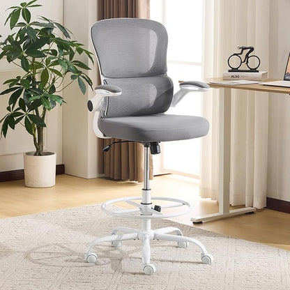 Karl home Ergonomic Drafting Chair, Grey | Lumbar Support, Flip-Up Armrests, Adjustable Height Footrest Ring, Breathable Mesh, Tall Swivel