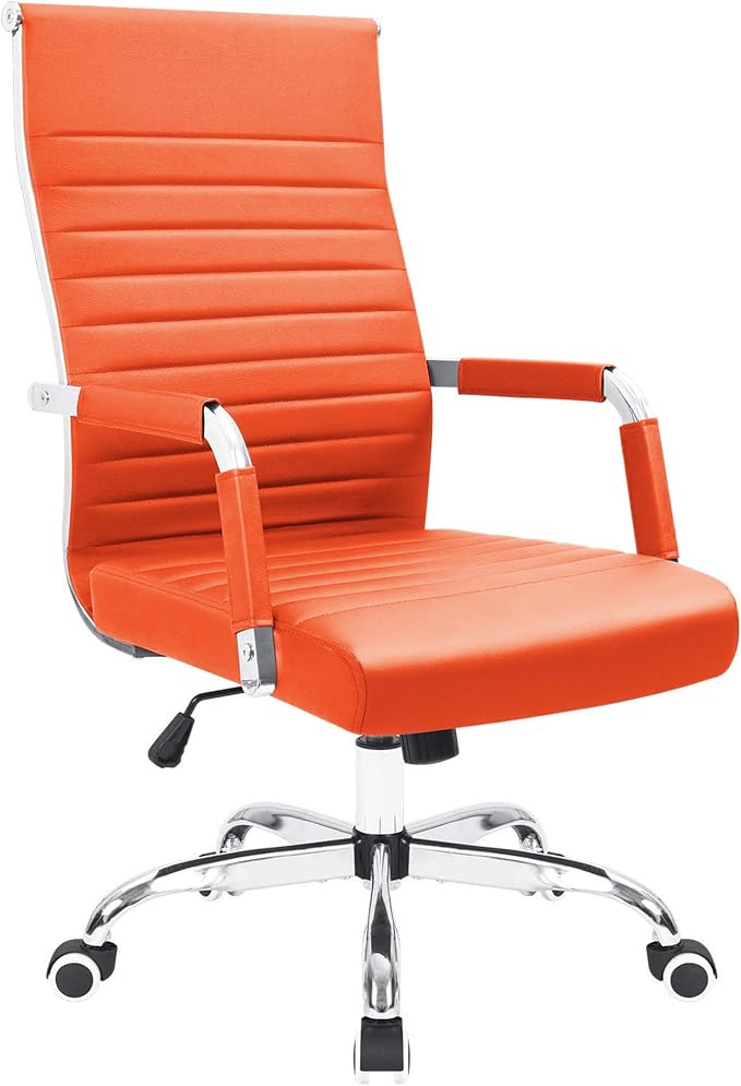 KaiMeng Ribbed Office Desk Mid Back Computer Chair Height Adjustable Conference Executive Task Swivel PU Leather (Orange)