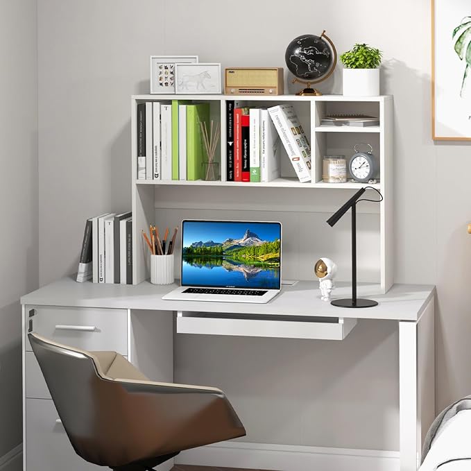 GOFLAME 4 Cubes Desktop Bookshelf, 37” Tabletop Wood Desk Shelf for Computer Monitor, Modern Countertop Desk Display Hutch Storage Organizer Shelf for Home Office, Dorm, Study, White