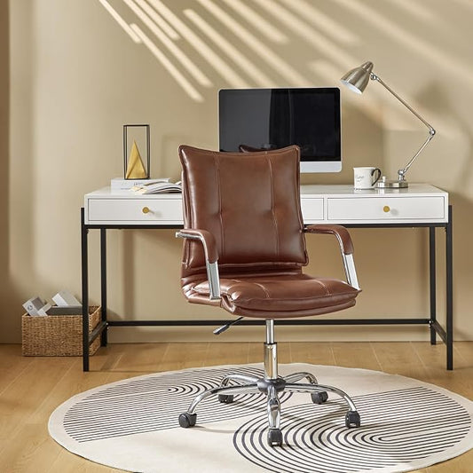 HULALA HOME Faux Leather Home Office Desk Chair, Adjustable Swivel Computer Chair with Sliver Legs and Arms, Comfy Upholstered Task Chair(Brown)