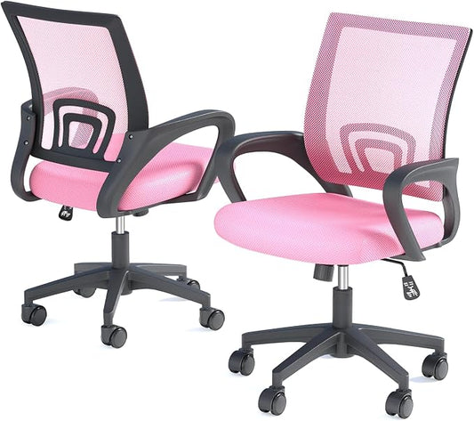 Office Chair, Ergonomic Mid-Back Mesh Desk Chair, 8 Pack, Pink | Lumbar Support, Adjustable Height, Rolling Wheels Design, Comfy Armrest, For Work, Study, Gaming