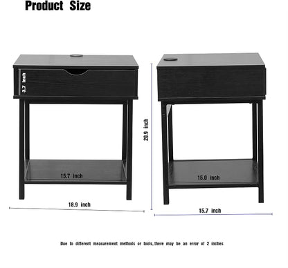 JJS Side End Table, Nightstand, Bedside Table with Drawer and Storage Shelves, Sofa Table for Living Room, Bedroom, Accent Furniture, Easy Assembly, Black