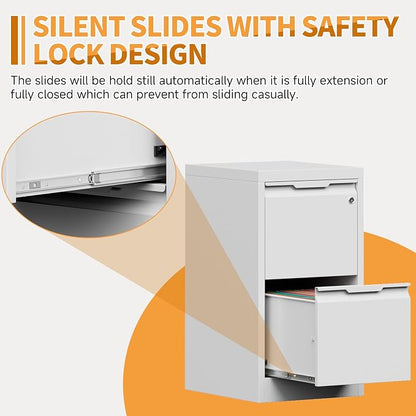 2-Drawer Metal File Cabinet with 1 Lockable Drawer,Steel Printer Stand with Storage for Home Office,Vertical Filing Cabinet for Legal/Letter/A4 Files,Assembly Required(15''W-2 Drawers,White)