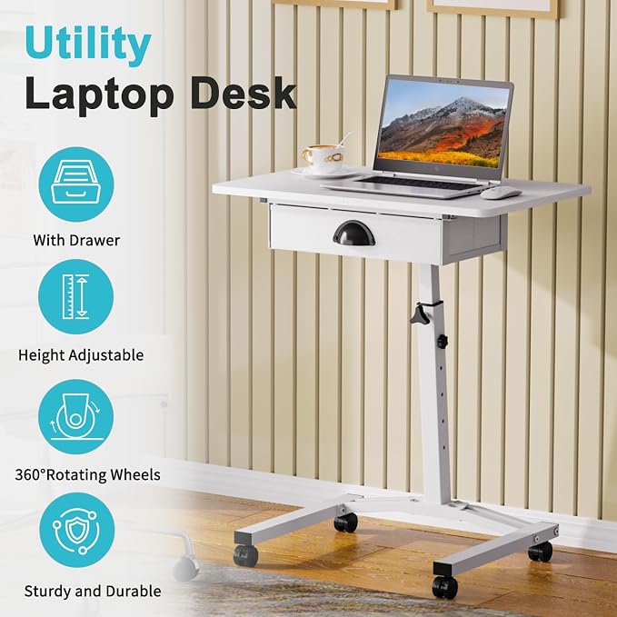 Rolling Adjustable Height Computer Desk With Drawers, Small Mobile Laptop Desk Cart On Wheels For Small Spaces Home Office, Portable Sitting Laptop Table For Bed Couch Load Up To 60LBS, Sturdy, White