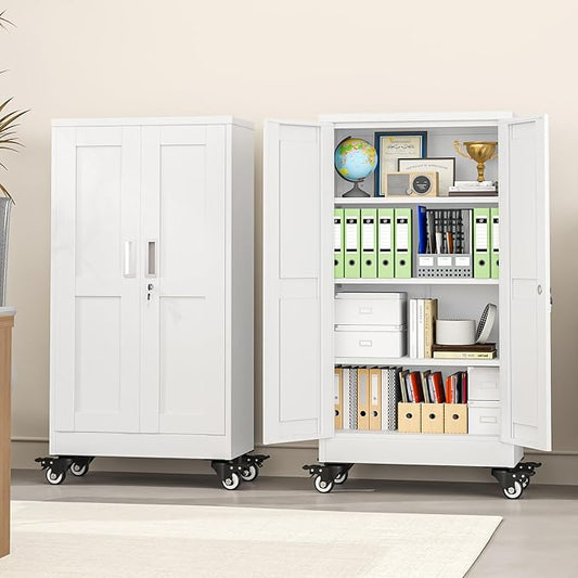 pozdeg 45.6" Metal Garage Storage Cabinets with Wheels, Lockable Rolling File Cabinets with 2 Doors and 3 Adjustable Shelves, Steel Tool Organizer Locker for Office Home Garage Gym School, White