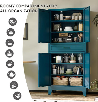 COFaR 71" Pantry Cabinet with Drawer, Peacock Blue Storage Cabinet with Adjustable Shelves, 3-Section Modern Statement Cupboard for Kitchen & Bathroom