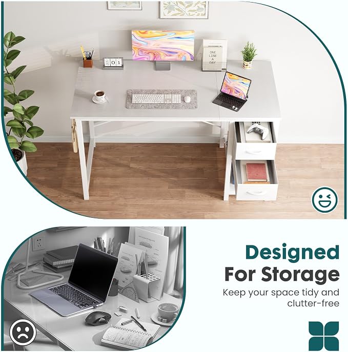 Sweetcrispy 47 Inch Computer Desk with Drawers Home Office Gaming X-Shaped Reinforcement Modern Wood Study Surface Side Hook Sturdy Metal Frame Large Storage Station White
