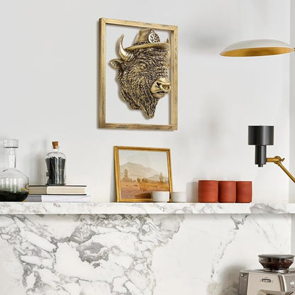 Newinhome Animal Heads Wall Decor (Includes Metal Frame) Resin Animals Sculptures Head Wall Hanging Decoration Gold vintage Wall Sculpture for Living Room Bedroom Office (American Bison)