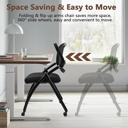 CLATINA Stackable & Foldable Conference Chair with Wheels, Ergonomic Mesh Back, 300lbs Capacity, Breathable Padded Seat, Adjustable Armrests, Office Chair for Reception, Training, Home, Black, 8PK