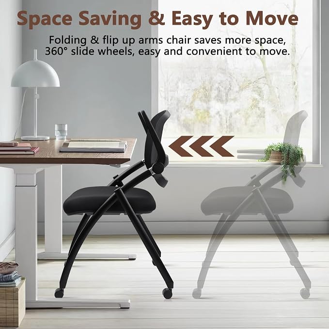 CLATINA Stackable & Foldable Conference Chair with Wheels, Ergonomic Mesh Back, 300lbs Capacity, Breathable Padded Seat, Adjustable Armrests, Office Chair for Reception, Training, Home, Black, 1PK