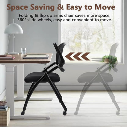CLATINA Stackable & Foldable Conference Chair with Wheels, Ergonomic Mesh Back, 300lbs Capacity, Breathable Padded Seat, Adjustable Armrests, Office Chair for Reception, Training, Home, Black, 1PK