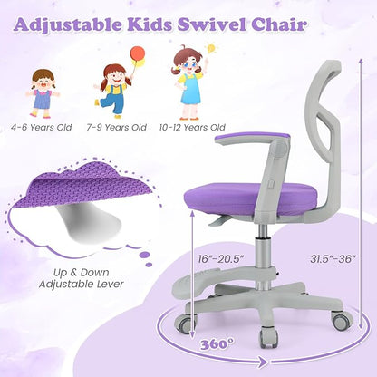 Giantex Kids Desk Chair, Ergonomic Adjustable Student Rolling Chair with Footrest & Flip-up Armrest, Mesh Children Office Chair with Universal Wheels, Kids Computer Chair for Boys & Girls, Purple