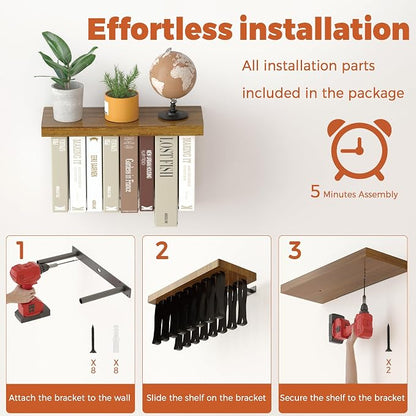 Floating Book Shelves for Wall Set of 2, Unique Wood Hanging Bookshelf | Easy Install Wall Bookshelf with Anti-Tilt Metal Bracket, Floating Bookshelf Storage Display Wall Shelves for Home Decor
