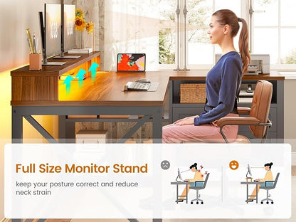 SEDETA L Shaped Gaming Desk with Drawers, 55" Farmhouse Computer Desk with File Drawer and Storage Shelves, Corner Gaming Desk with LED Lights and Monitor Shelf, Black and Brown