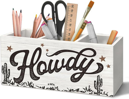 Western Howdy Pen Holder Organizer for Desk Accessories, Retro Country Western Wooden Box Sign Desk Decorations for Home Bedroom Office Decor, Cowboy Cowgirl Gifts
