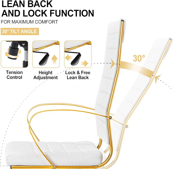 Ergonomic Office Chair, High Back Executive Chair in White Vegan Leather with Gold Accents, Adjustable Desk Chair with Back Support for Home Office(White)