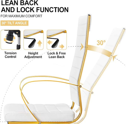 Ergonomic Office Chair, High Back Executive Chair in White Vegan Leather with Gold Accents, Adjustable Desk Chair with Back Support for Home Office(White)