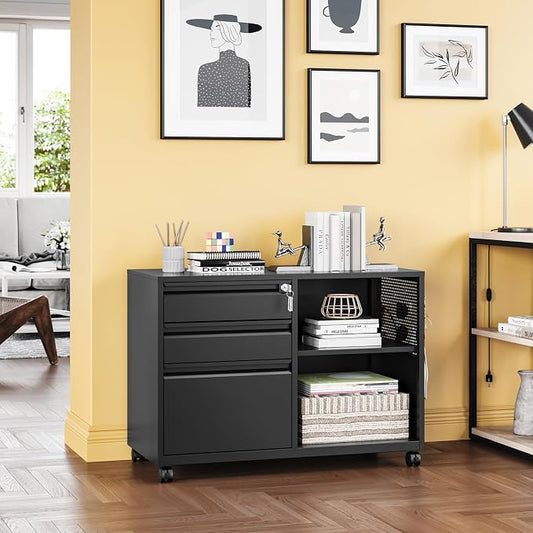 3 Drawer File Cabinet with Lock,Mobile Lateral Filing Cabinet with Side Hook for Letters/Legal/A4, Metal Printer Stand Storage Cabinets with Shelves for Home Office(Black)