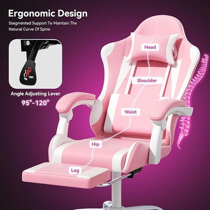 Gaming Chair, Ergonomic Computer Chairs with Arms, Lumbar Support, Footrest, Headrest 360°Swivel Chair, Adjustable Back and Height, Leather PC Chairs for Gaming, Study, Office, Pink
