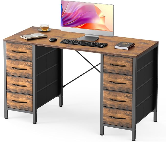 DUMOS 47 Inch Computer Desk with 8 Fabric Drawers, Office Gaming Desk with Storage, Writing Study Table with X-Shaped Reinforced Structure, Dark Brown