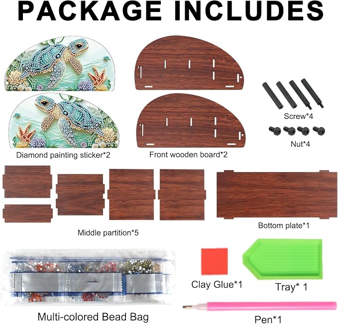 DIY Diamond Painting Storage Box, Sea Turtle Design 5D Rhinestone Diamond Art Case Multi-Compartment Wooden Tabletop Organizer for TV AC Remotes Makeup Brushes Pens Desktop Craft Storage