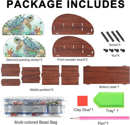 DIY Diamond Painting Storage Box, Sea Turtle Design 5D Rhinestone Diamond Art Case Multi-Compartment Wooden Tabletop Organizer for TV AC Remotes Makeup Brushes Pens Desktop Craft Storage