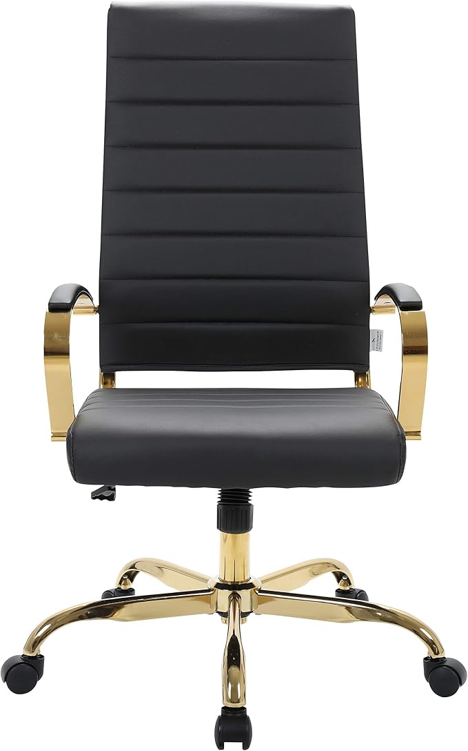 LeisureMod Modern High-Back Leather Office Chair - Swivel & Adjustable Executive Desk Chair with Gold Frame, Ergonomic Design for Home & Office (Black, Set of 8)