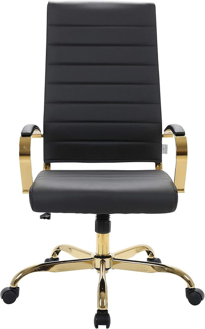 LeisureMod Modern High-Back Leather Office Chair - Swivel & Adjustable Executive Desk Chair with Gold Frame, Ergonomic Design for Home & Office (Black, Pallet (x30))