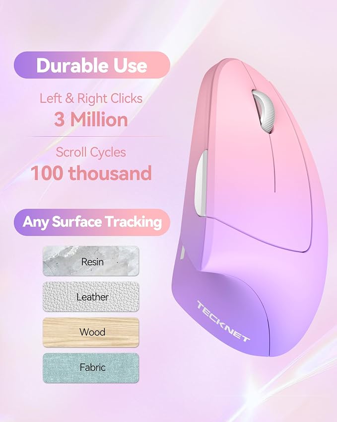 TECKNET Ergonomic Mouse Vertical Wireless with 2.4GHz USB Receiver - Optical Carpal Tunnel Mice Right Hand, 4800 DPI Adjustable, Quiet Clicks, 6 Buttons for Laptop, Desktop, PC, Computer - Pink Purple