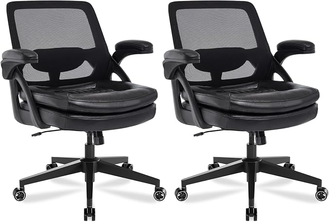Big and Tall Office Chair, 500lbs Mesh Heavy Duty Ergonomic Desk Chair with Flip-up Armrests, Plus Size Wide Seat in PU Leather, 360 Swivel Computer Executive Task Chair for Home Office (Black)